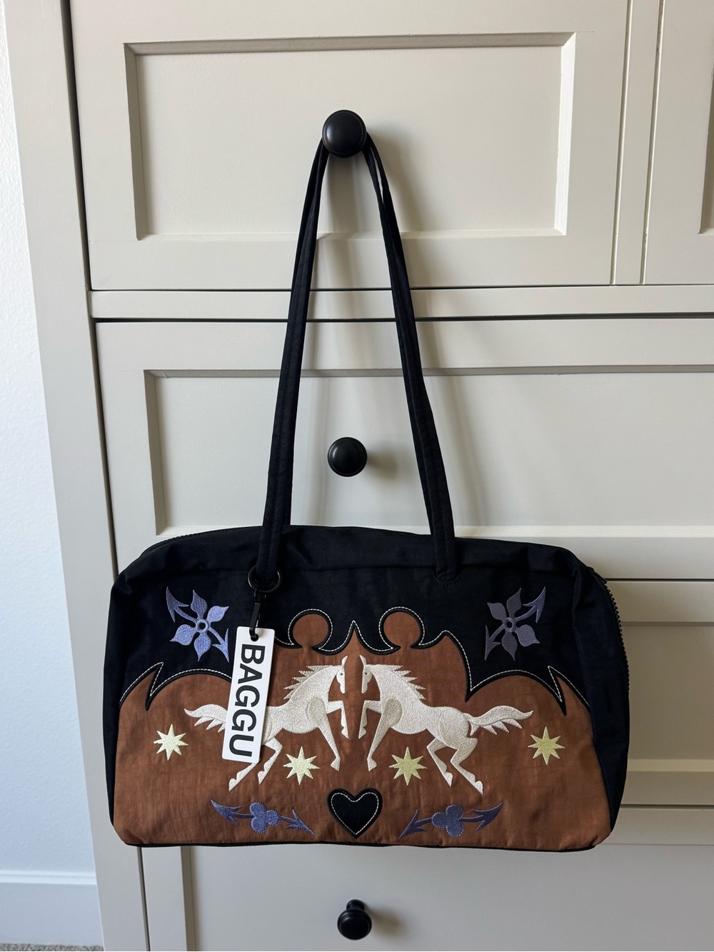 BAGGU Black and Brown Horse-Embroidered Medium Nylon Bowler Shoulder Bag
